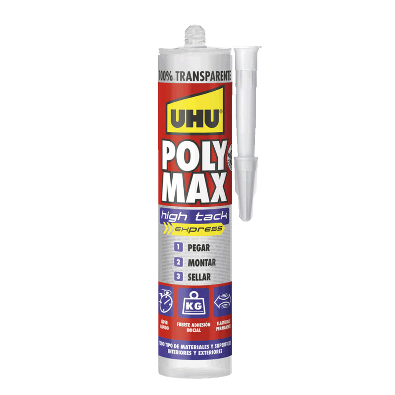 UHU Polymax TRANSPARENTE. Adhesivo de montaje y sellador universal. Máxima adherencia.